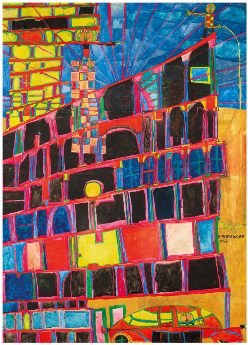 Friedensreich Hundertwasser „Arkadenhaus und Gelber Turm“ © Galerie bei der Albertina Zetter