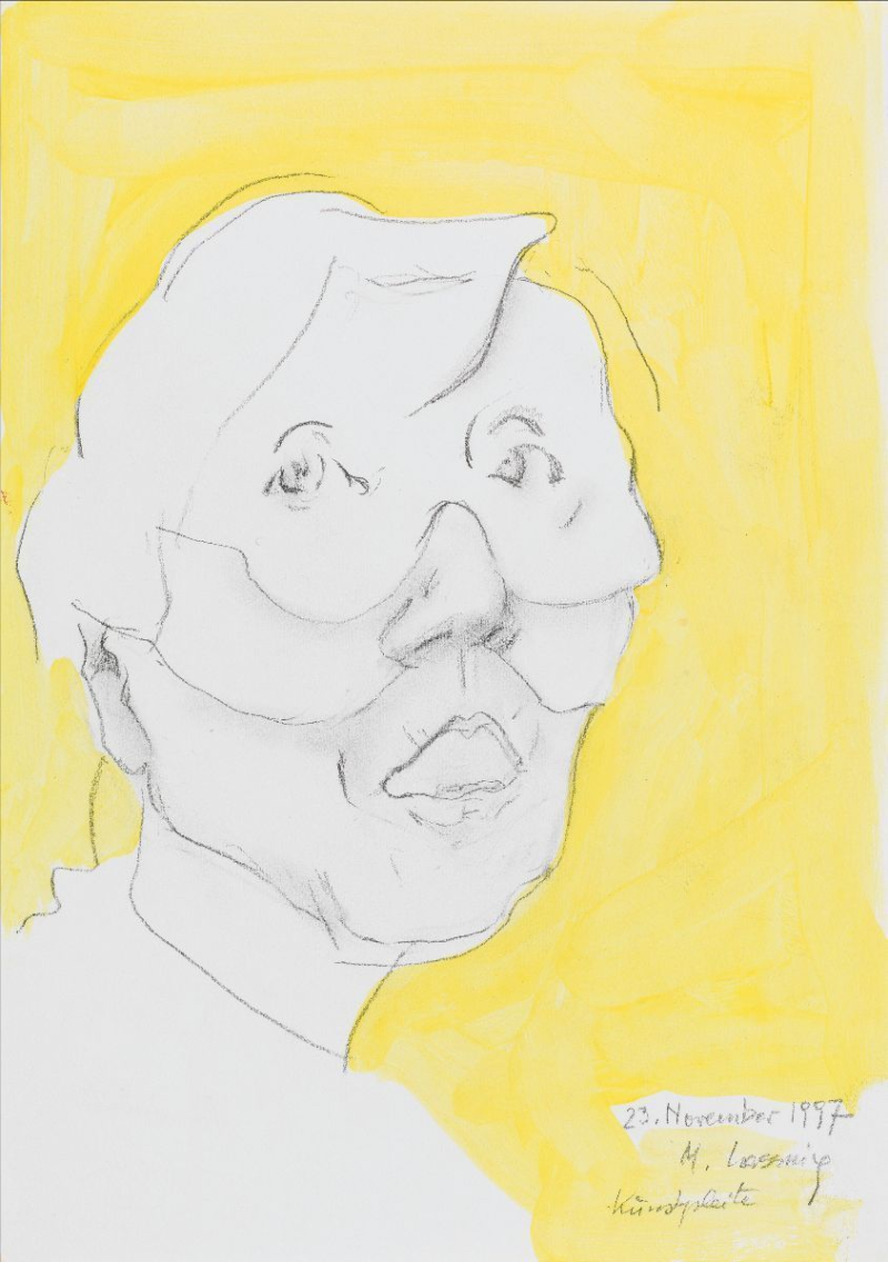 Maria Lassnig, „Kunstpleite“, 1997, Bleistift und Acryl auf Papier, 41,8 x 29,5 cm