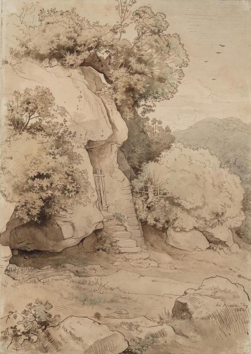 Albert Venus, Felsen bei Ariccia, 7. August 1866 Feder in Sepia, laviert und leicht mit Wasserfarben gehöht, 486 x 342 mm, Kupferstich-Kabinett © SKD, Foto: Andreas Diesend