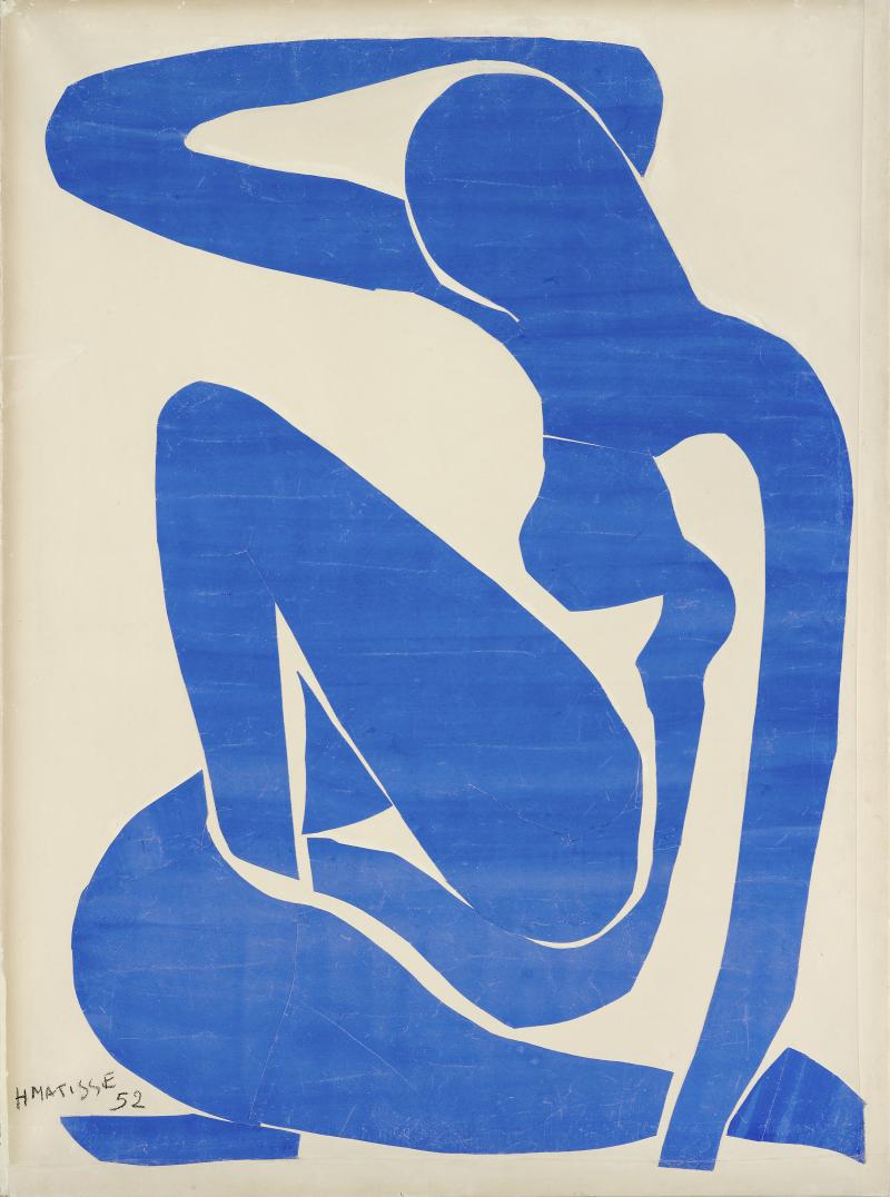 Henri Matisse, Blauer Frauenakt I (Nu bleu I), 1952  Mit Gouache bemalte und ausgeschnittene Papiere auf Papier, 106,3 x 78 cm Fondation Beyeler, Riehen/Basel, Sammlung Beyeler © Succession H. Matisse/2022, ProLitteris, Zurich Foto: Robert Bayer, Base