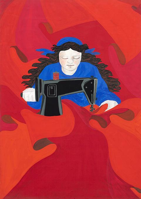 GÜLSÜN KARAMUSTAFA Poster for the 1977 First of May (Woman Constantly Sewing Red Flags with her Sewing Machine), 1977 Mixed media auf Papier, 50 x 70 cm Courtesy the artist and BüroSarıgedik