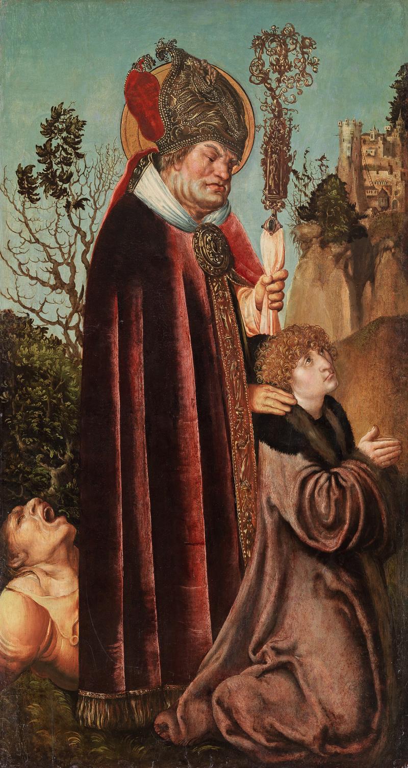 Der hl. Valentin empfiehlt einen Stifter (1.3 MB) Lucas Cranach d.Ä. Um 1502/03 Fichtenholz, 91,5 × 49,5 cm © Gemäldegalerie der Akademie der bildenden Künste, Wien