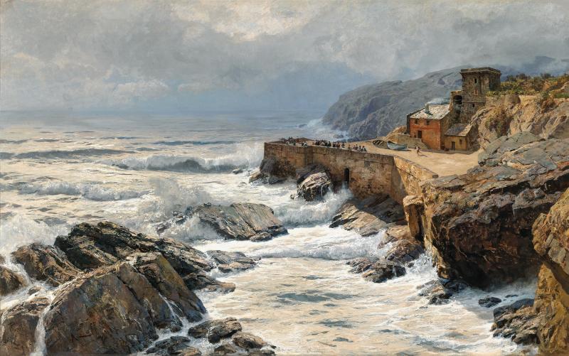 Alfred Zoff (Graz 1852–1927), Riviera, Brandung bei Boccadasse, 1889, signiert, datiert A. Zoff. Karlsruhe 1889, Öl auf Leinwand, 100 x 161 cm. Schätzwert € 90.000 – 120.000