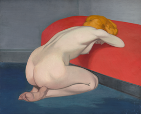 FÉLIX VALLOTTON Femme nue agenouillée devant un canapé rouge. 1915. CHF 500 000 / 700 000