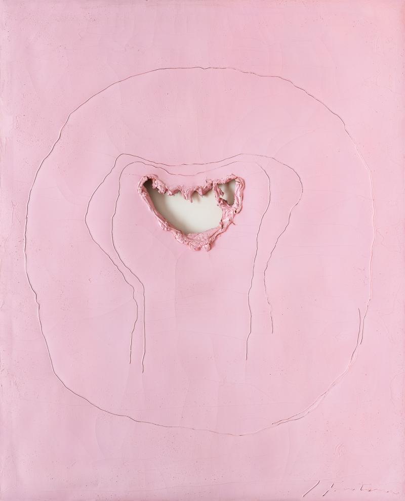 Lucio Fontana (Rosario di Santa Fe, Argentinien 1899 - 1968 Comabbio) Concetto Spaziale, 1965, Öl, Risse und Kratzer auf Leinwand, pink, 92 x 73 cm, erzielter Preis € 753.000