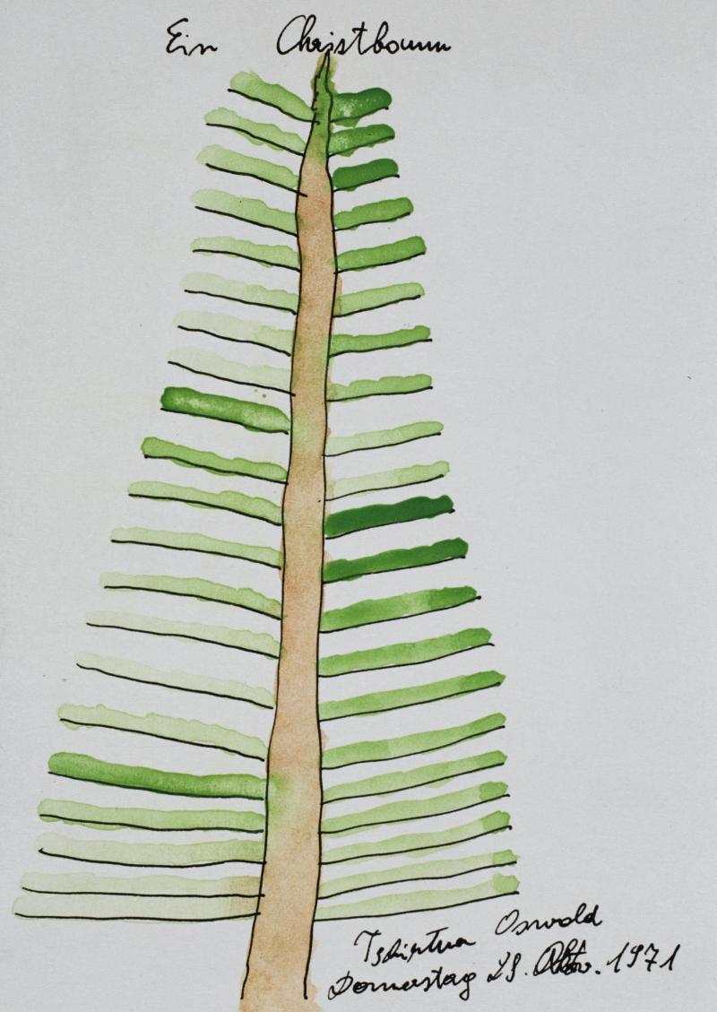 Oswald Tschirtner: Ein Christbaum (1971) Oswald Tschirtner, Ein Christbaum, 1971 Tusche, Aquarellfarben, 14,8 x 10,5 cm © Privatstiftung - Künstler aus Gugging