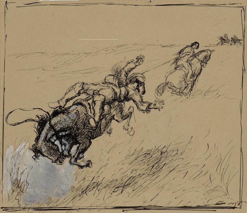 Max Slevogt, Coranna fängt den Gelben Jack mit dem Lasso (Originalvorlage für die Illustration in: W. Claire, Coranna), 1905, Feder in Tusche, Deckweiß, Graphische Sammlung, Moderne Galerie – Foto: Tom Gundelwein