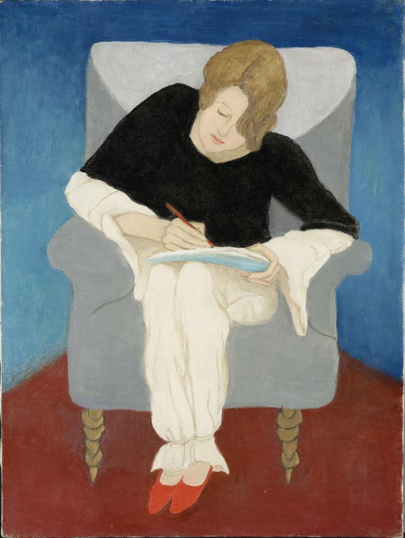 Gabriele Münter: Dame im Sessel, schreibend (Stenographie. Schweizerin in Pyjama), 1929 Städtische Galerie im Lenbachhaus und Kunstbau München, Dauerleihgabe der Gabriele Münter- und Johannes Eichner-Stiftung, München, © VG Bild-Kunst, Bonn 2022