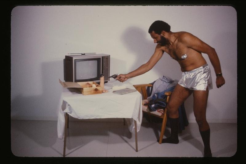 Ulysses Jenkins, Just Another Rendering of the Same Old Problem, 1979, photograph. Performance at Otis College of Art and Design, Los Angeles. Courtesy of the artist. Photo: Nancy Buchanan.