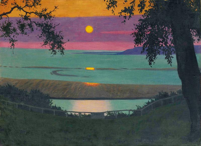 Félix Vallotton, Sonnenuntergang in Grâce, orangefarbener und violetter Himmel (Coucher de soleil à Grâce, ciel orangé et violet), 1918 Öl auf Leinwand, 54 x 73 cm Privatsammlung