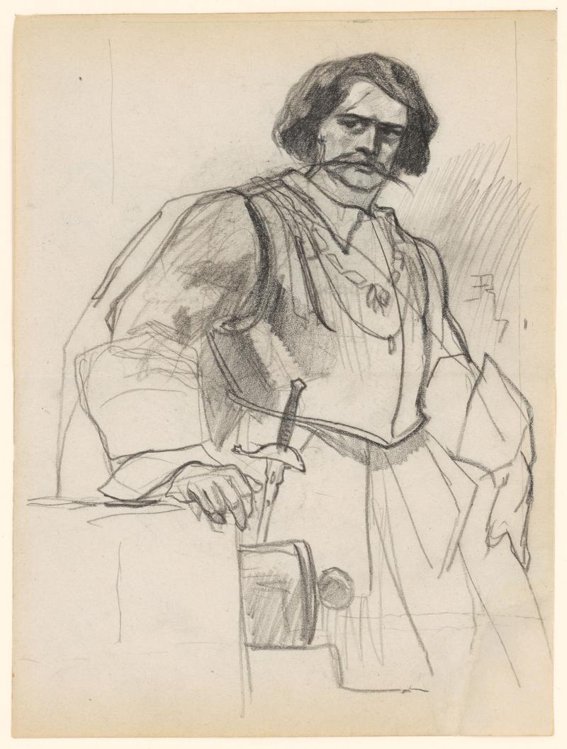 Félicien Rops (1833–1898) Selbstbildnis als Ritter / Autoportrait en chevalier, 1878–1881 Schwarze Kreide auf Velin-Papier, 217 x 161 mm Hamburger Kunsthalle, Kupferstichkabinett © Hamburger Kunsthalle / bpk Foto: Christoph Irrgang