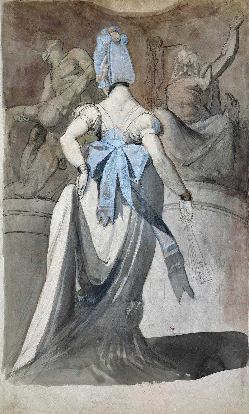 Johann Heinrich Füssli, Frau in einer Skulpturengalerie, 1798 Feder in Schwarzgrau und Pinsel, aqua- relliert, über Grafitstift mit Deckfarbe in Weiss gehöht, 41 x 24,7 cm Kupferstich-Kabinett, Staatliche Kunst- sammlungen Dresden, © Kupferstich- Kabinett, SKD, Foto: Andreas Diesend