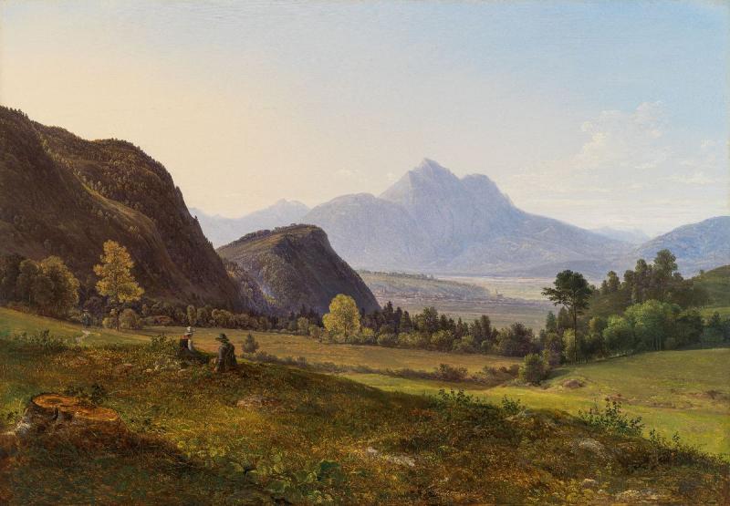 Franz Steinfeld, Ansicht Von Salzburg (mit dem Hochstaufen am Horizont, links im Hintergrund Kühberg und Kapuzinerberg), 1825, Öl auf Holz, 58 x 83,5 cm; Foto: Kunsthandel Giese & Schweiger