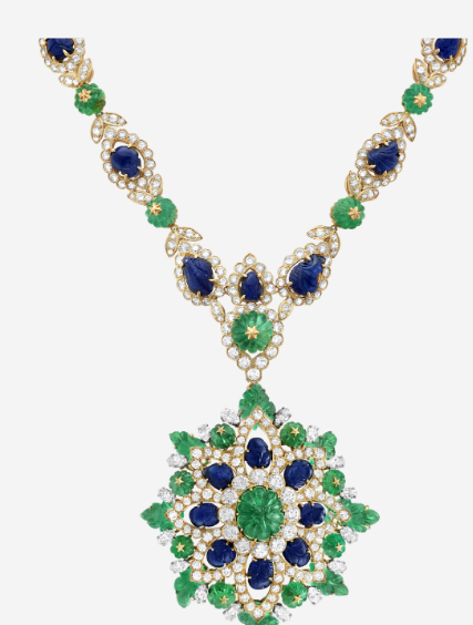 Heritage Necklace and Clip PendantNecklace1971Yellow gold, 13 carved emeralds for about 35.52 carats (Colombiaand Russia), 14 carved sapphires for about 32.17 carats (Burma) diamonds  (c) PHOTO COURTESY OF VAN CLEEF & ARPELS