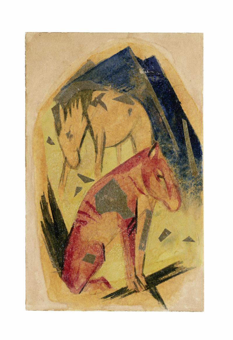 Franz Marc, Zwei Pferde vor blauem Berg (Postkarte von Maria Marc anLily Klee, 21.5.1913), Franz Marc Museum, Foto: collecto.art