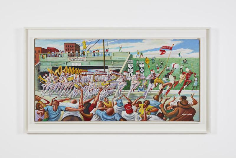 Ernie Barnes, Homecoming, 1994   Acrylic on canvas   24 x 48 inches (61 x 121.9 cm.)   (EB21-036)   Courtesy of the Ernie Barnes Trust and Andrew Kreps Gallery, New York, and Ortuzar Projects, New York