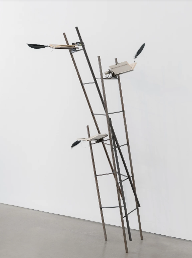 Rebecca Horn Turm der Fliehenden Bücher, 1994 Metal rods, electric motors, books, ink, feather quills 208 × 82 × 65.5 cm | 81 ⅞ × 32 ¼ × 25 ¾ in