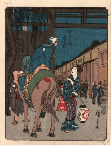 Utagawa Hiroshige (1797-1858)  Eine nächtliche Szene vor dem Tor zur 2. Straße des Vergnügungsviertels von Fuchû: Ein Mann unterhält sich von seinem Pferd herab mit der Bedienerin eines Gasthauses, die eine Laterne trägt.  Titel: Fuchû