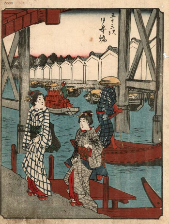 Utagawa Hiroshige (1797-1858)  Zwei Damen gehen unter der Nihonbashi-Brücke an Land, im Hintergrund zahlreiche Lastenboote und eine weiteres Fährboot sowie eine Reihe Lagerhäuser am Ufer des Sumida-Flusses.