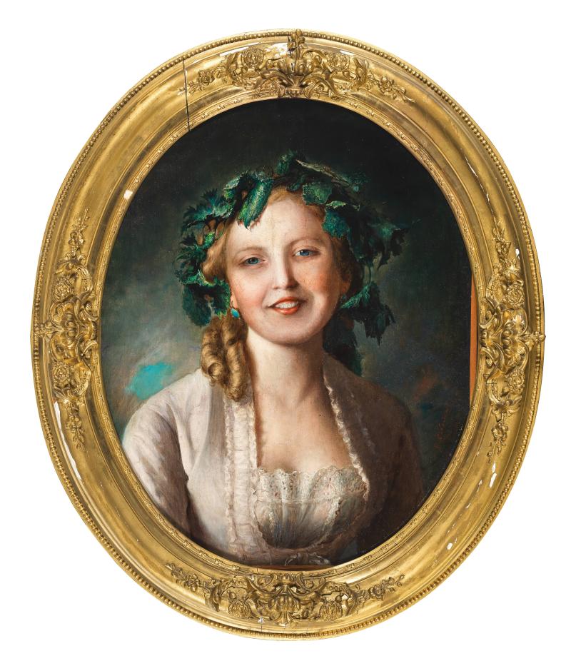 Johann Baptist Reiter (Urfahr 1813-1890 Wien), Lexi, die Tochter des Künstlers mit Weinlaub im Haar, signiert J. B. Reiter, Öl auf Leinwand, 54 x 43 cm, gerahmt, Startpreis € 4.000