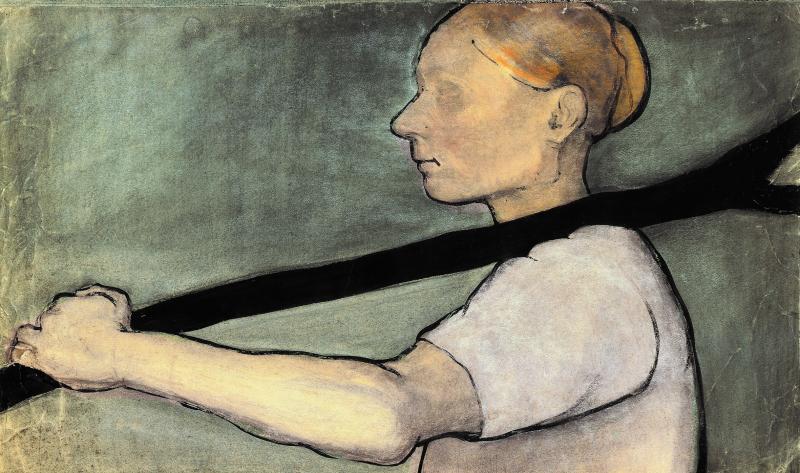 Paula Modersohn-Becker, BÑuerin, eine Astgabel tragend, um 1898_99, Tusche, Pastell und Bleistift auf Karton, Privatsammlung