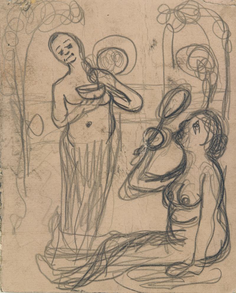 Paula Modersohn-Becker, Komposition mit zwei weiblichen Figuren, Paris_Worpswede 1906_07, Blei auf rîtlichem Papier, Kunsthalle Bremen - Der Kunstverein Bremen