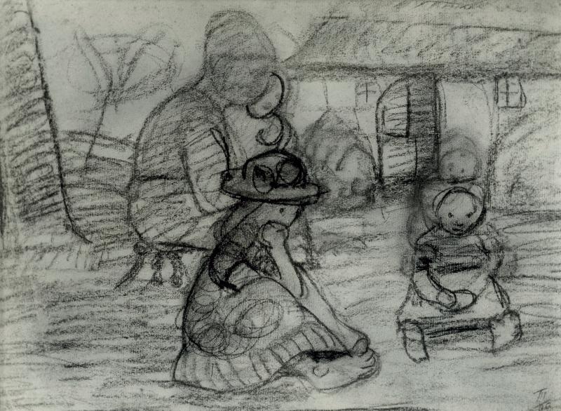 Paula Modersohn-Becker, Mutter mit vier Kindern vor einem Haus sitzend, Kohle und braune Kreide, 1902, Leihgabe aus Privatbesitz