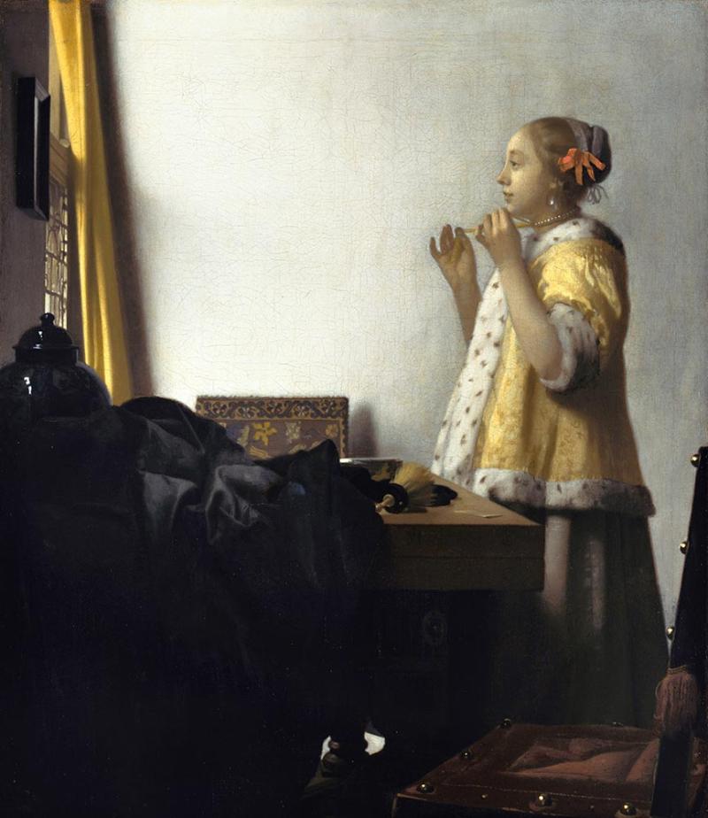 Woman with a Pearl Necklace, Johannes Vermeer, c. 1662-64, oil on canvas. Staatliche Museen zu Berlin – Gemäldegalerie