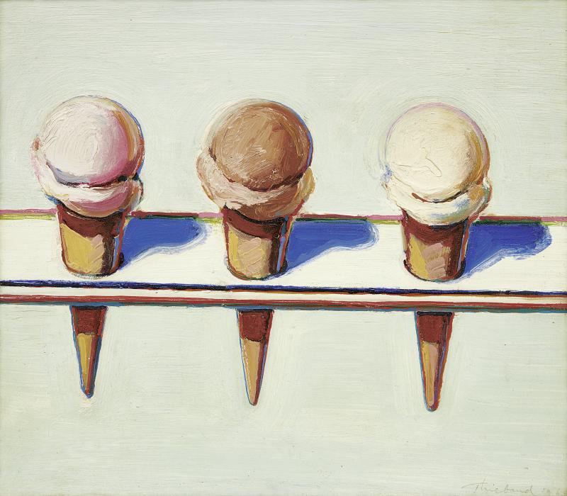 Wayne Thiebaud, Three Cones, 1964  Öl auf Karton, 33 x 37,5 cm Sammlung von Bill und Donna Acquavella © Wayne Thiebaud Foundation/2022, ProLitteris, Zurich