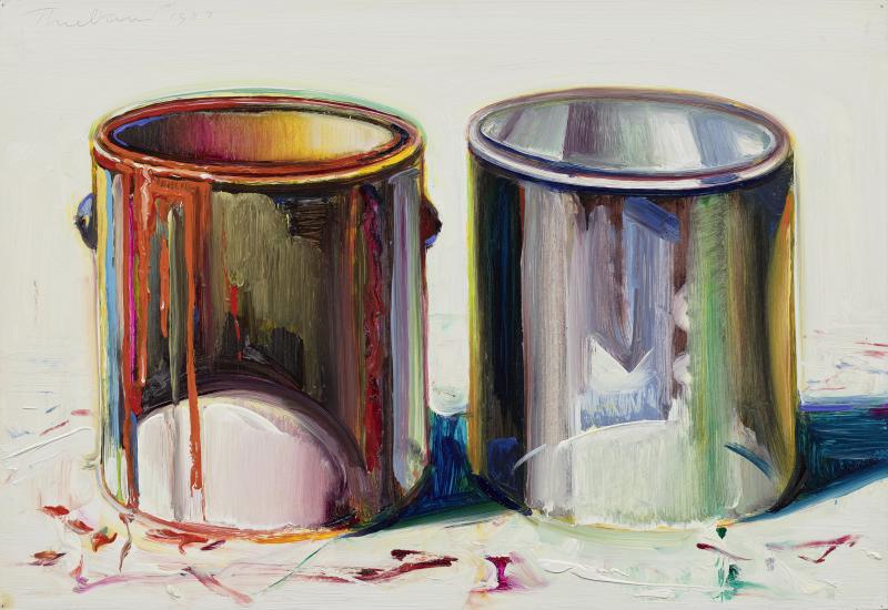 Wayne Thiebaud, Two Paint Cans, 1987  Öl auf Papier auf Karton aufgezogen, 34,9 x 50,5 cm Sammlung der Wayne Thiebaud Foundation © Wayne Thiebaud Foundation/2022, ProLitteris, Zurich Foto: Matthew Kroening