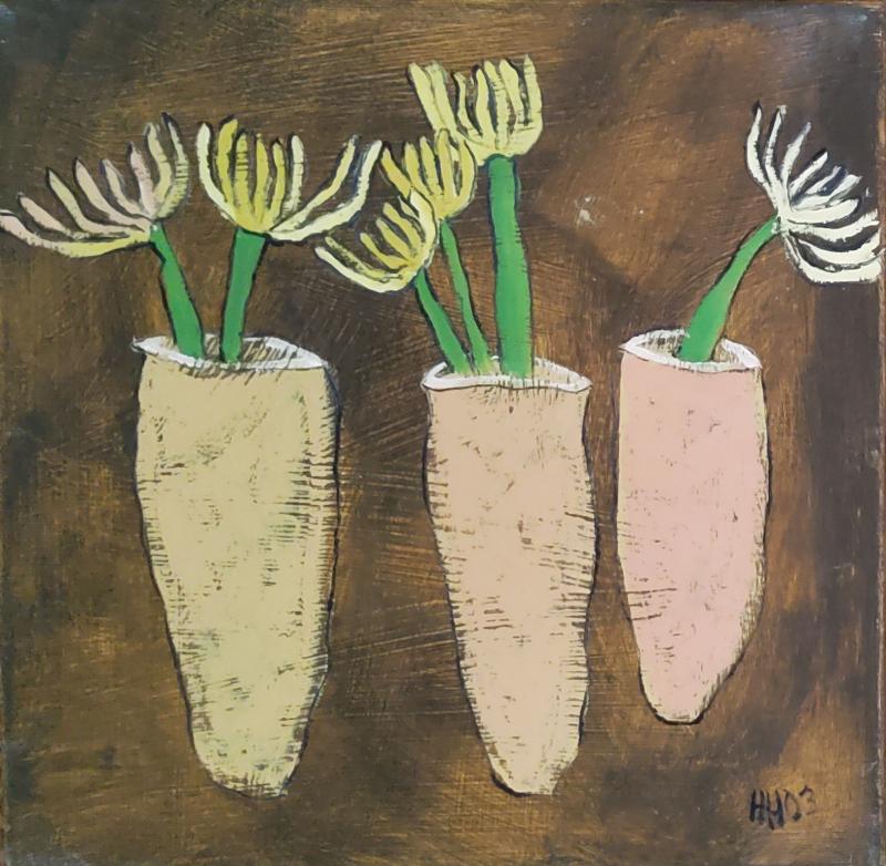 Helga Hofer, 3 Vasen mit exquisiten Blumen, Öl auf Leinen, 30 x 30 cm, 2003