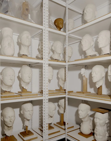 In Barry X Ball’s studio, the “Gipsoteca,” featuring Forton Plaster models derived from life-casts of art world figures and traditional clay modeling appurtenances for Ball’s ongoing “Portrait Sculpture” series. Photo: Vincent Tullo.