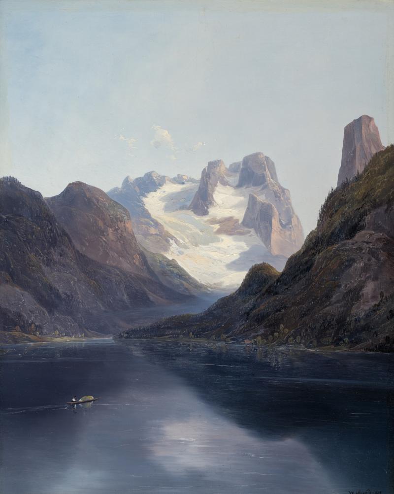 Wilhelm Steinfeld, „Gosausee mit Dachstein“, 1839,  Öl/Holz, 47,2 x 38 cm, Neue Galerie Graz (Inv. Nr. I/1051), Foto: Universalmuseum Joanneum/N. Lackner