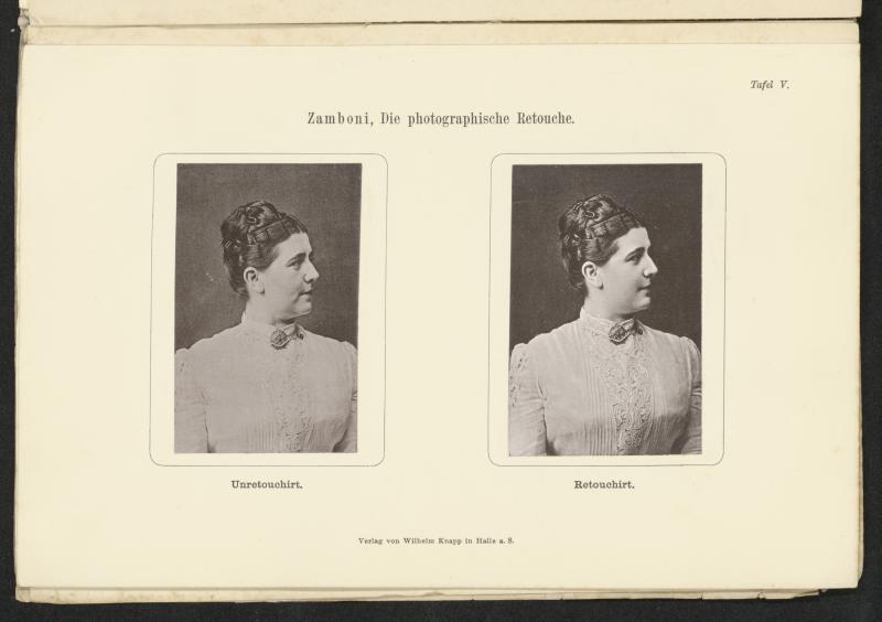 Damenporträt vor und nach der Retusche, aus: Carl Zamboni, Anleitung zur Positiv- und Negativ-Retouche, Halle an der Saale, 1888  © Technisches Museum Wien/Ar