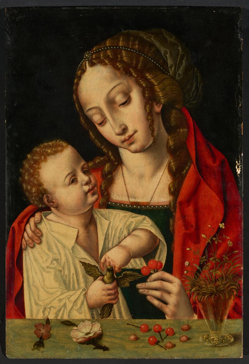 Werkstatt/ Umkreis desJoos van Cleve (1485 – 1540)Die Madonna der Kirschen | Um 1540-1550 Öl auf Holz | 45,5 x 31 cm Taxe: € 20.000 – 30.000