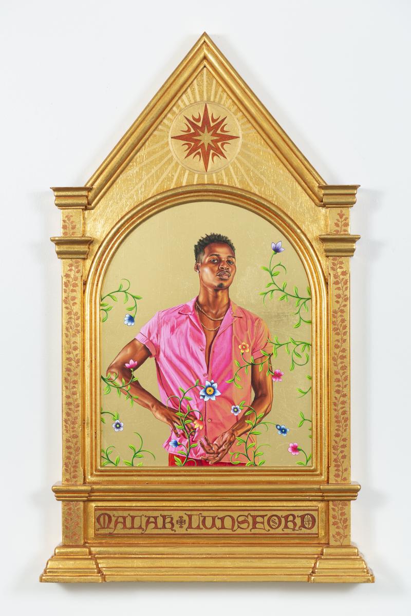 Kehinde Wiley, Porträt von Malak Lunsford, 2019 Blattgold und Öl auf Holzplatte, 101,6 x 60,96 cm Kunsthalle Bremen – Der Kunstverein in Bremen, Courtesy Sean Kelly Gallery, New York, © Kehinde Wiley 2019