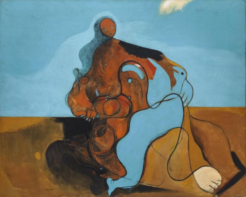 Max Ernst, Le Baiser, 1927, huile sur toile, 129 x 161,2 cm, Peggy Guggenheim Collection, Venice (Solomon R. Guggenheim Foundation, New York), Photo : Collezione Peggy Guggenheim, Venezia (Fondazione Salomon R. Guggenheim, New York) © Adagp, Paris, 2023