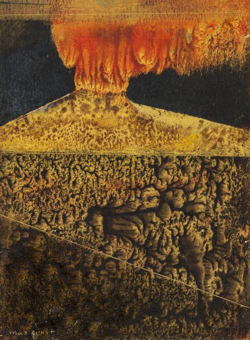 Max Ernst, Volcan II, 1946-47, gouache sur carton, 12,5 x 9,5 cm, Collection particulière, © Adagp, Paris 2023