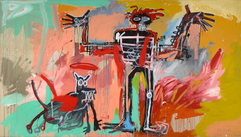 Jean-Michel Basquiat, Boy and Dog in a Johnnypump, 1982  Acryl, Ölstift und Sprühfarbe auf Leinwand, 240 x 420,4 cm Privatsammlung © Estate of Jean-Michel Basquiat. Licensed by Artestar, New York Foto: Daniel Portnoy