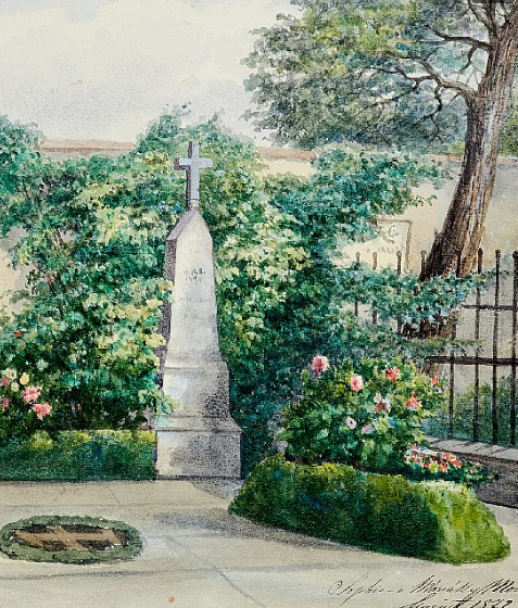 3127: MORO, SOPHIE VON (Viktring 1845-1915 ebda.), Denkmal in einem Garten, wohl in Viktring (Klagenfurt). Aquarell. Sign. und dat. August 1872. 28,5 x 22,8 cm. – Alt auf Trägerkarton aufgezogen (dieser mit kleinen Randeinrissen, etw. angestaubt, leicht fleckig und gebräunt). (64) Startpreis: 300,- €