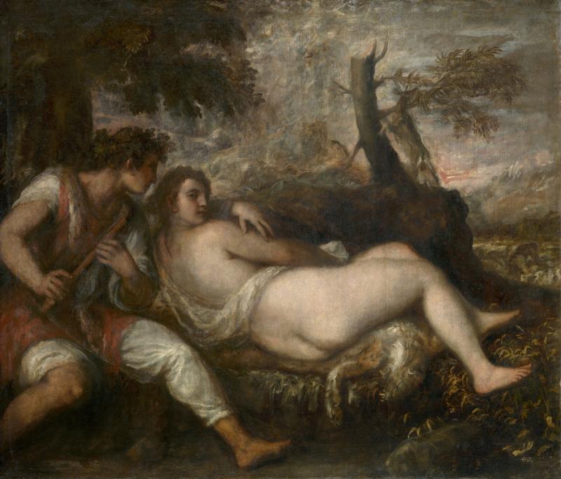 Tizian, Nymphe und Schäfer, 1570/75 Leinwand, 149,6 × 187 cm Kunsthistorisches Museum Wien, Gemäldegalerie © KHM-Museumsverband