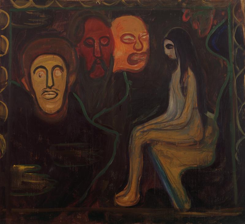 Edvard Munch, Mädchen und drei Männerköpfe, um 1898 Öl auf Leinwand, 100 x 90 cm Kunsthalle Bremen – Der Kunstverein in Bremen