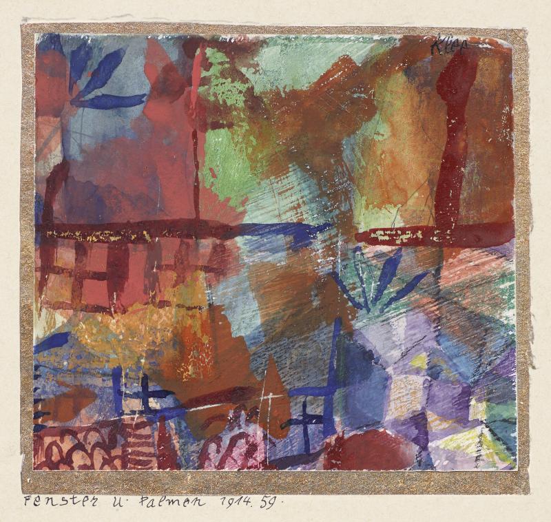 Paul Klee, Fenster und Palmen, 1914, 59 Aquarell und Gouache, teils ausgekratzt, über Grafitstift auf kreidegrundiertem Papier, mit Künstlermontage auf Metall- papier und Karton, 8,5 x 9,2 cm Kunsthaus Zür