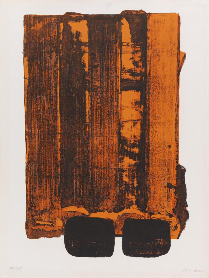 Pierre Soulages  "Lithographie n° 34", 1974 Lithografie in Farbe auf Velin von Arches, Darstellungsmaße 59,9 x 39,8 cm, Blattmaße 76,4 x 50,3 cm, signiert Soulages, Nr. 59 von 95 nummerierten Exemplaren, gedruckt in der Druckwerkstatt Mourlot, Paris; herausgegeben von der Galerie de France, Paris. Bild: Galerie Amart, Bildrecht Wien