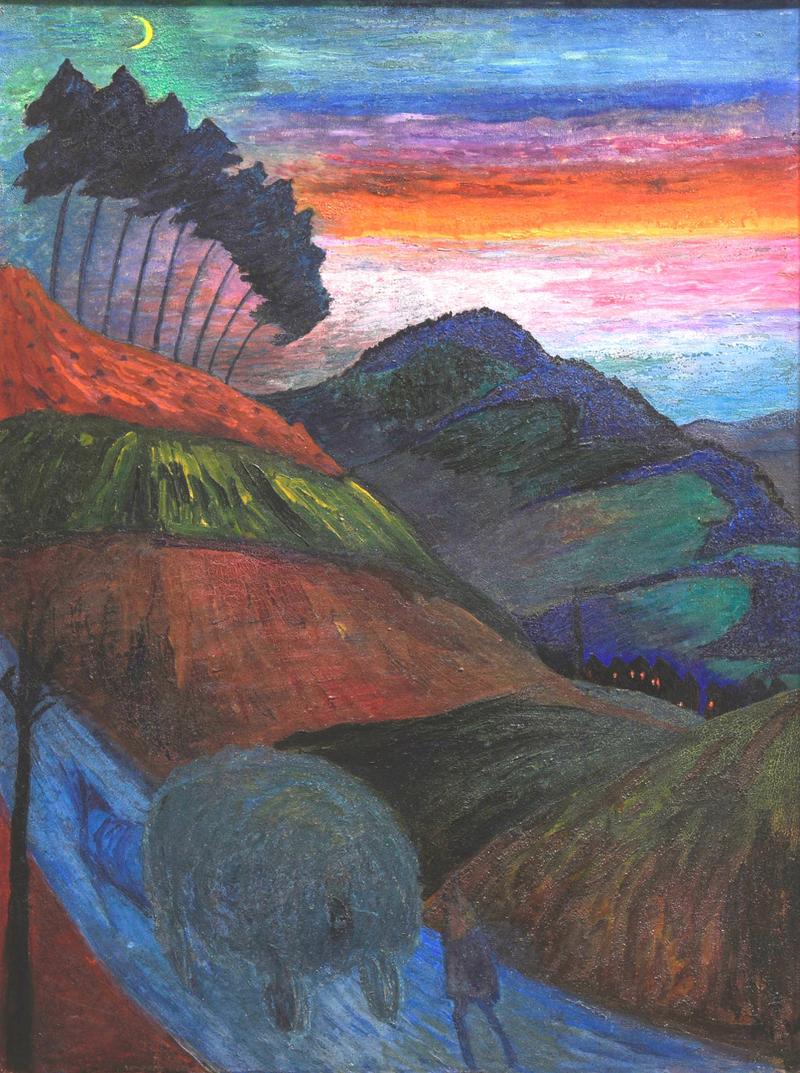 Marianne von Werefkin, Notturno con contadino che rincasa, 1915, Tempera auf Papier, 57 cm x 42,5 cm, Privatsammlung Schweiz