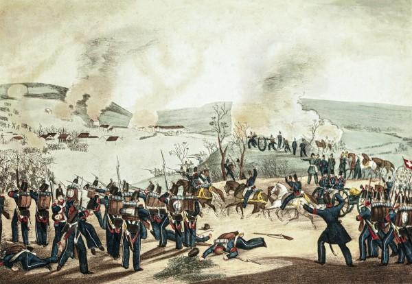 Die letzte Schlacht der Schweiz, Gisikon 1847. Die eidgenössische Infanterie rückt im Vordergrund heldenhaft vor, grün gekleidete Stabsoffiziere stehen im Mittelgrund, und eine Batterie feuert von dem Hügel hinten.