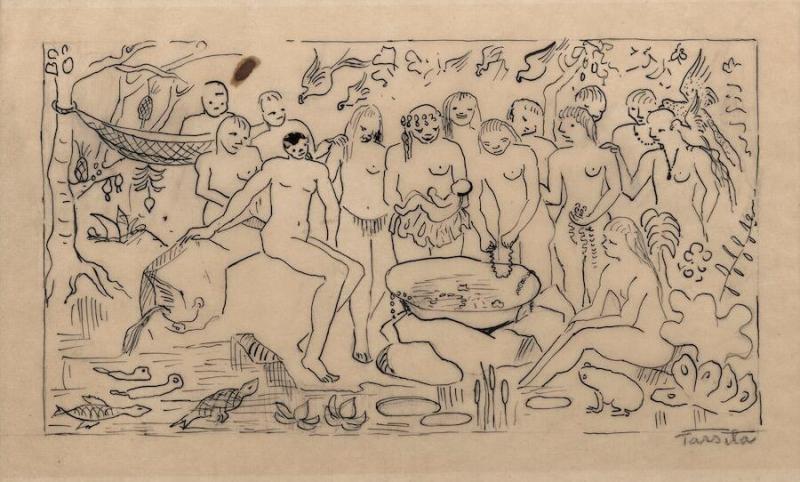 Tarsila do Amaral, Batizado de Macunaíma (Baptism of Macunaíma), c.1956, ink and graphite on paper, 17 × 28 cm