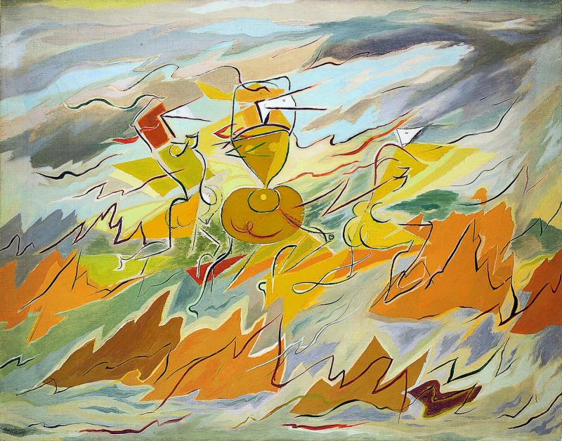 Paule Vézelay, Walking in the Wind, 1930, oil on canvas 73 × 91.5 cm. © Estate of Paule Vézelay. Photo: England & Co.