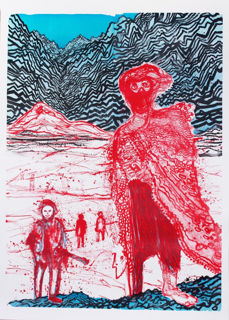 KNUST KUNZ GALLERY EDITION Daniel Richter, Begegnung im Hinterland, 2011, Lithografie, 235 x 172 cm, Auflage von 18 Exemplaren.  Foto: Knust Kunz Gallery Edition