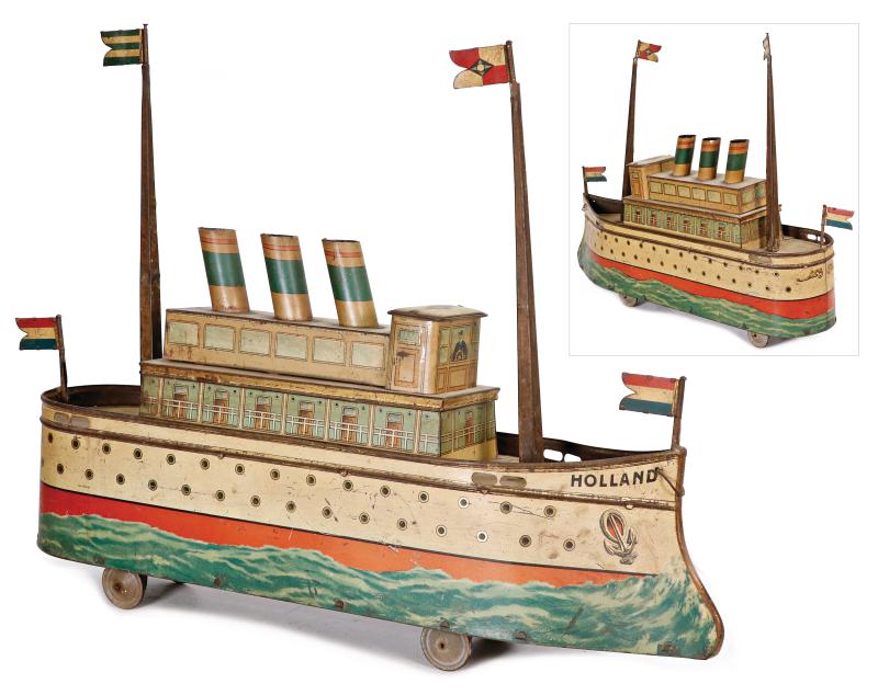 Keksdose, Ocean-Liner, mit 3 Schornsteinen, Blech, lithogr., Holland, 62 cm, Orig.-Zust., dekorativ, um 1900, Limit: 650 €